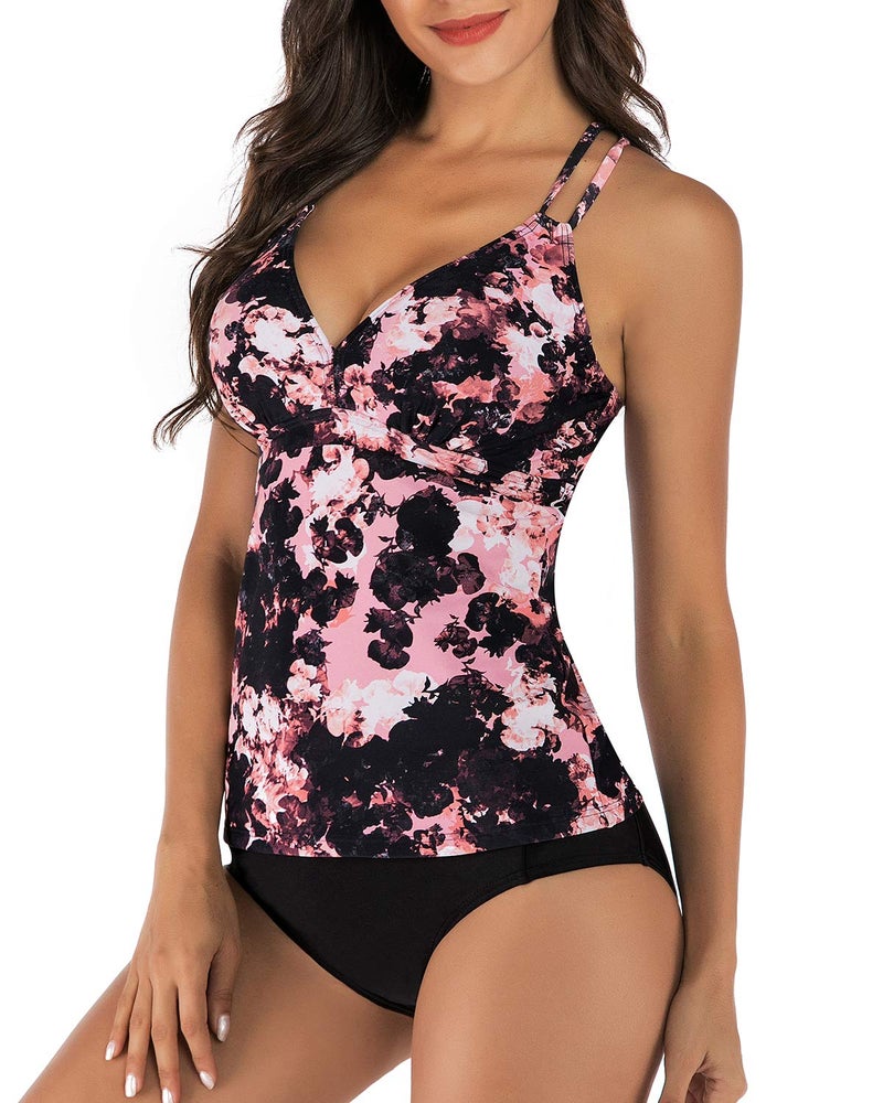 HAIVIDO Women's Tankini Swimsuits V Neck Criss Cross Back Two Piece Bathing Suits Adjustable Padded Tankini Top with Bikini Bottom Print-8 XL - Image 2